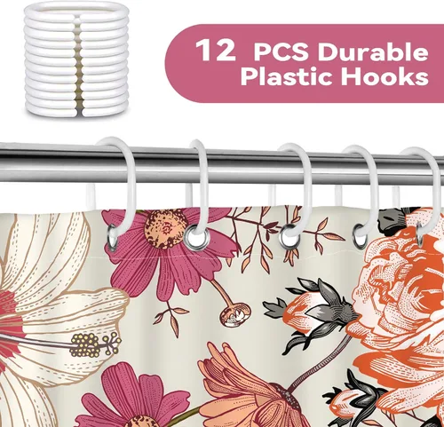 Miniatura 7 de Cortina de ducha floral rosa de 72 x 72 pulgadas, cortina de ducha retro de estilo rústico de mediados de siglo, para decoración de baño, tela