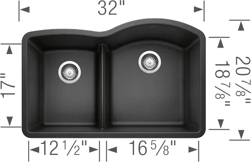 Miniatura 2 de BLANCO, Anthracite 441598 DIAMOND SILGRANIT 40/60 - Fregadero de cocina con doble cuenco con división baja, 32 x 21 pulgadas