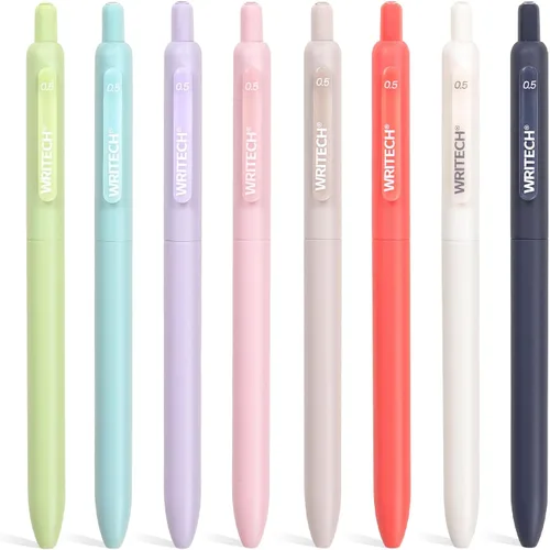 WRITECH Bolígrafos de gel de punta fina: tinta multicolor retráctil de 0.5mm, 8 unidades, clic silencioso, sin manchas, escritura extra suave, punta