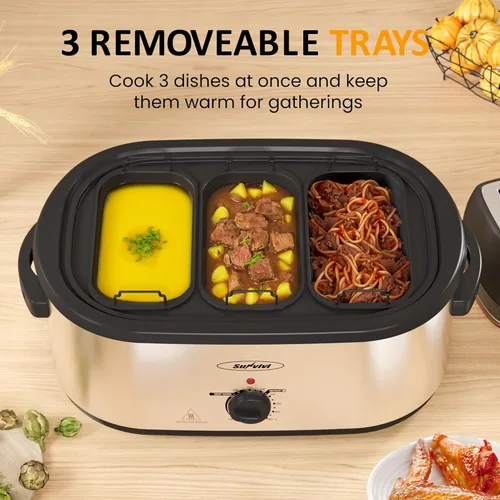 Miniatura 2 de Horno tostador eléctrico Sunvivi, horno de asado de pavo de 24 cuartos con servidor buffet de 3 compartimentos, control de temperatura de rango