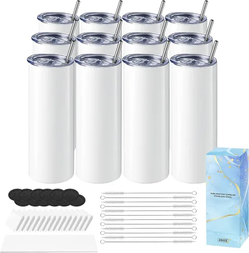 Miniatura 10 de Hiipoo Paquete de 8 vasos de sublimación en blanco de 20 onzas, rectos, delgados con papeles de sublimación, tapas y popotes, películas retráctiles