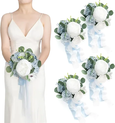 Ling's moment Juego de 4 ramos artificiales de dama de honor, ramos de flores de boda azul polvoriento, ramo floral blanco, ramos de rosas azul