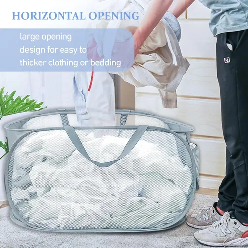 Miniatura 5 de 2 cestas de malla para la ropa sucia, canastas plegables para la ropa sucia, 75 litros, cesta de almacenamiento horizontal con bolsillo lateral y 1