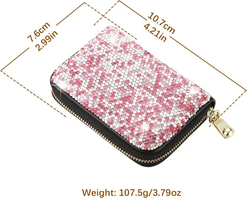 Miniatura 2 de AsAlways Funda con cremallera multicapa con diamantes de imitación RFID, cartera pequeña delgada para mujer, Rosado, Moderno