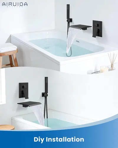 Miniatura 7 de Airuida Grifo de bañera de montaje en pared con caño de cascada para bañera, grifo de bañera montado en la pared con ducha de mano de una sola Negro