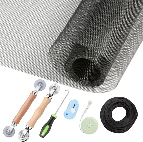 Miniatura 8 de Kit de reparación de mosquiteros de ventanas y puertas mosquitero, malla de fibra de vidrio color carbón de 48"x118" con herramienta de Negro