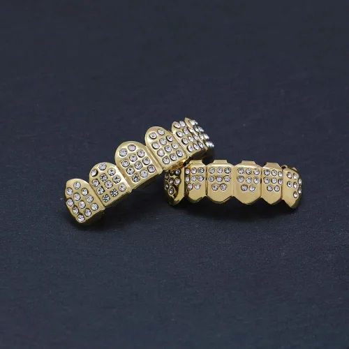 Miniatura 4 de LuReen 14k Gold 6 Teeth Grillz Hip Hop Joker Diamond Top Bottom Teeth Caps Grillz Set