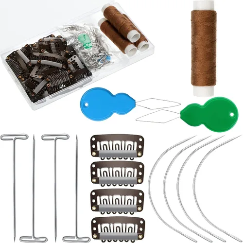 Miniatura 8 de Juego de 85 extensiones de cabello con clip, incluye 50 clips a presión en forma de U, 10 agujas curvas, 20 pines en T, 3 rollos de hilo de tejer, 2