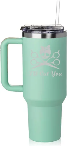 Miniatura 4 de Vaso de 40 onzas con asa y tapa con pajilla, taza de viaje aislada de acero inoxidable, taza de viaje I'll Cut You Hair Dresser Stylist (negro)