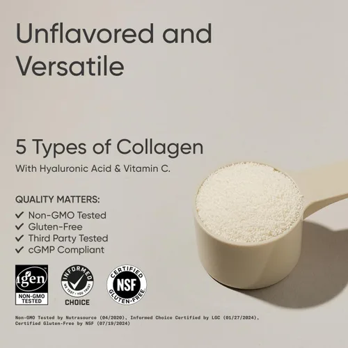 Miniatura 9 de Sports Research® Polvo de proteína de colágeno múltiple - Péptidos de colágeno de fuente alimentaria (Tipo I, II, III, V, X) con ácido hialurónico +