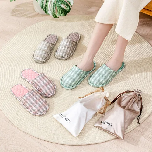 Miniatura 3 de 3 pares de zapatillas de casa florales de algodón para mujeres, zapatillas interiores de punta abierta cómodas lavables portátiles plegables