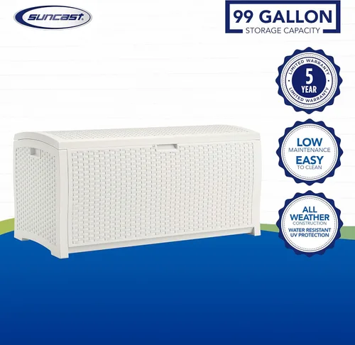 Miniatura 3 de Suncast Caja de almacenamiento de mimbre de resina de 99 galones para patio, contenedor de almacenamiento al aire libre resistente al agua blanco