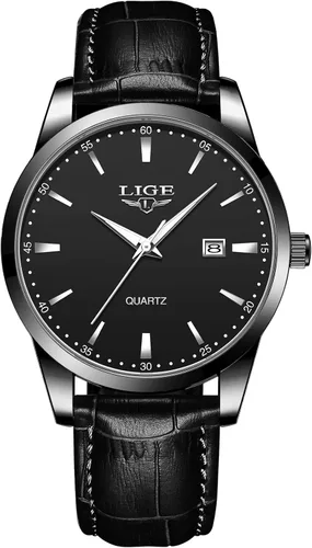 LIGE Relojes para hombre impermeable analógico vestido vintage cronógrafo analógico casual cuero acero inoxidable movimiento de cuarzo único retro