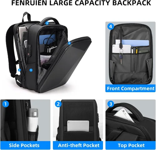 Miniatura 3 de FENRUIEN Mochila antirrobo para laptop para hombre, mochila rígida expandible resistente al agua con puerto USB, bolsa negra para computadora