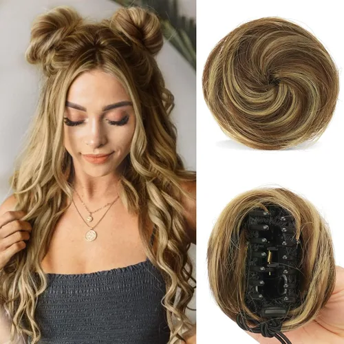 Miniatura 7 de Sofeiyan 2 piezas de extensión de cabello rizado ondulado en forma de moño desordenado, mini moño desordenado con banda elástica, peluca sintética