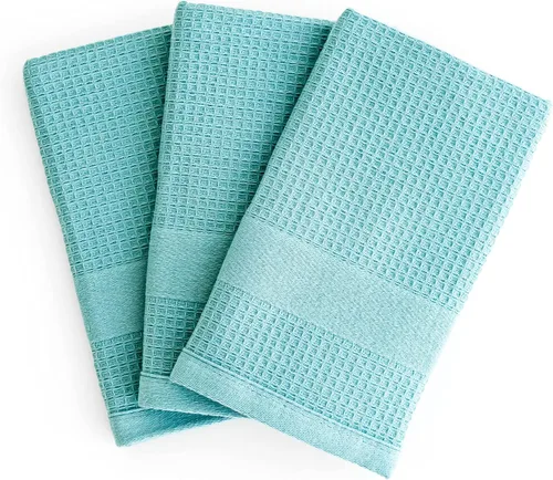 Luzia Toallas de cocina turquesa de alta calidad; elegantes y absorbentes, toallas de cocina de algodón turco con tejido de gofre, juego de tres,
