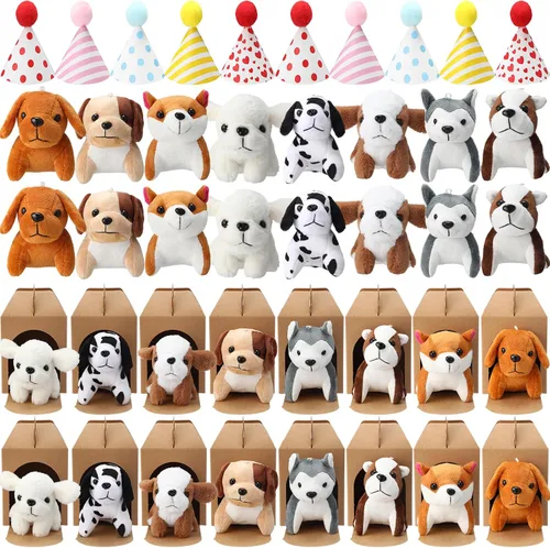 Miniatura 11 de Juego de 20 Mini Juguetes de Peluche Animales de Peluche Perros con Sombreros de Cumpleaños Cajas de Papel Kraft Cachorros de Peluche Pequeños