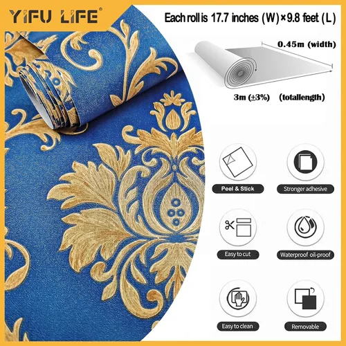 Miniatura 3 de 088 Papel tapiz de lujo para despegar y pegar de damasco, 17.7 pulgadas x 9.8 pies, color azul/marrón, extraíble, autoadhesivo, para estantes