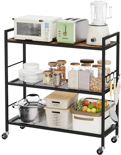 Miniatura 9 de Estante de almacenamiento de metal de 3 niveles con ruedas industriales, estantería de malla con mesa de madera, estante ajustable, 31.5 pulgadas