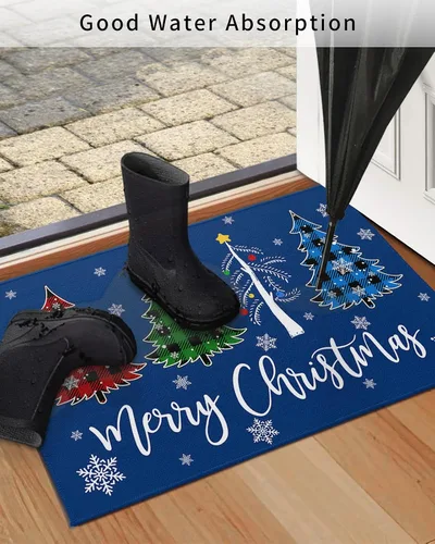 Miniatura 4 de Tapete para puerta delantera, a cuadros, árbol de Navidad, copo de nieve, azul, feliz Navidad, absorbente, resistente a la suciedad, tapetes