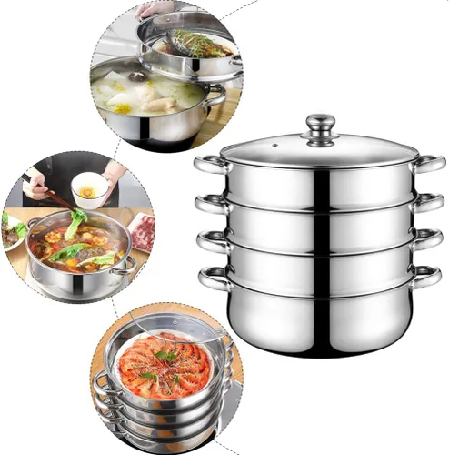 Miniatura 9 de Olla de acero inoxidable para albóndigas vegetales, olla de vapor multifuncional de 4 niveles para cocinar, diámetro de 11.0 in, juego de brillo