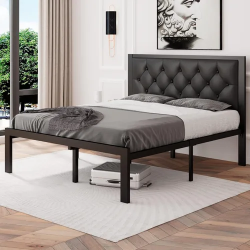 Miniatura 3 de Feonase Marco de cama de metal tamaño doble con cabecera capitoné de cuero sintético con botones, marco de cama tipo plataforma resistente