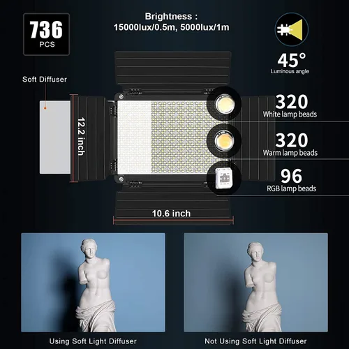 Miniatura 8 de GVM - Luz de video LED RGB con control Bluetooth, kit de iluminación de video 1000D PRO de 360° a todo color con 736 cuentas LED, 2 paquetes de luz