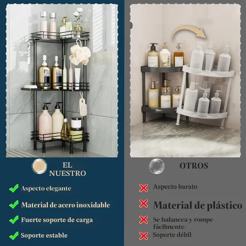 Miniatura 2 de Consumest Organizador de Ducha de Esquina de Pie - Organizador de Ducha de Acero Inoxidable de 3 Niveles con Portajabón y 4 Ganchos, Estante