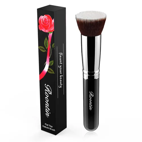 Brocha de base Kabuki de parte superior plana grande – Brocha de maquillaje de alta calidad con mango de madera para líquidos, crema y polvo –
