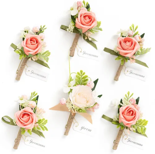 Miniatura 10 de Ling's Moment Boutonniere para Hombres Boda, Juego de 6, Novio y Padrinos Boutonniere para Boda Regreso a Casa Halloween Ceremonia Aniversario, Cena