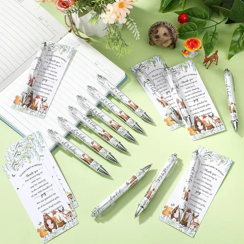 Miniatura 4 de 36 juegos de recuerdos de mariposa para baby shower para invitados, incluye bolígrafos morados de papel rodante con tarjetas de felicitación a
