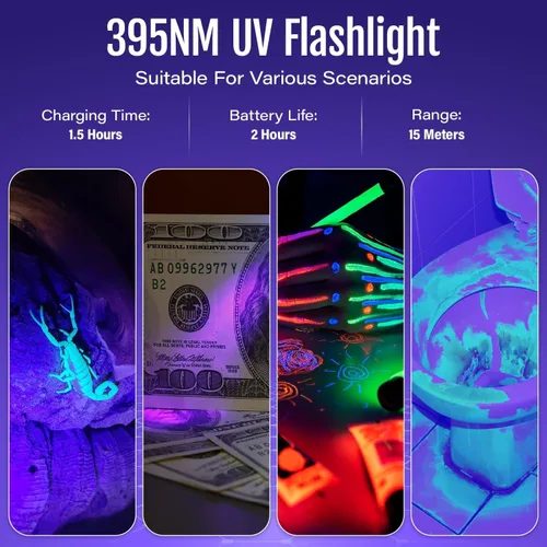 Miniatura 7 de Linterna UV de luz negra recargable, 395nm Mini lámpara de luz negra con zoom Woods, linternas ultravioleta USB portátiles pero potentes