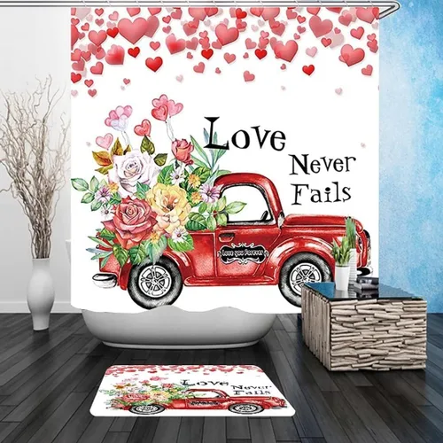 Miniatura 2 de NBVKO Juego de 4 cortinas de ducha de San Valentín con diseño de amor y rosas, tapetes antideslizantes, cubierta de la tapa del inodoro y alfombra