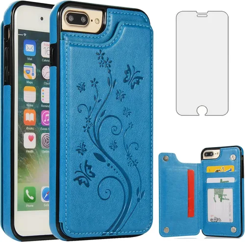 Asuwish Funda de teléfono para iPhone 7plus 8plus 7/8 Plus con protector de pantalla de vidrio templado y tarjetero; funda tipo cartera de cuero con