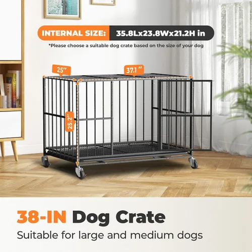 Miniatura 3 de Jaula de acero resistente de 38 pulgadas para perros, a prueba de escape, para interiores, doble puerta, alta ansiedad, bandeja extraíble, jaula