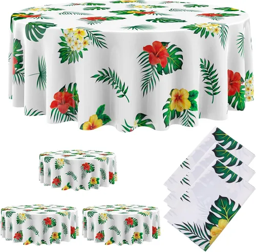 Miniatura 9 de Oudain 6 manteles hawaianos redondos de verano de 84 pulgadas, manteles de plástico Lagre Tropical Luau con hojas de palma y flor de hibisco