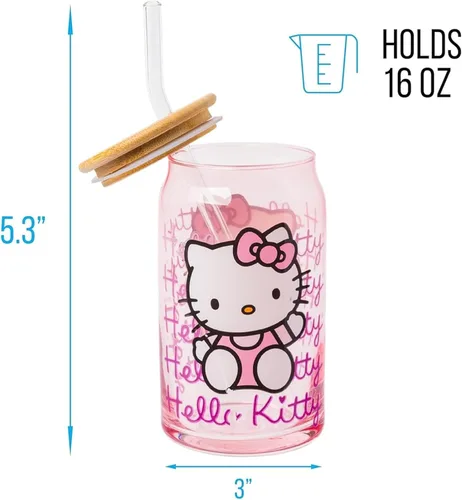 Miniatura 10 de Silver Buffalo Sanrio - Vaso de vidrio rosa con tapa de bambú y sorbete de vidrio de Hello Kitty, 16 onzas Hello Kitty Agitando