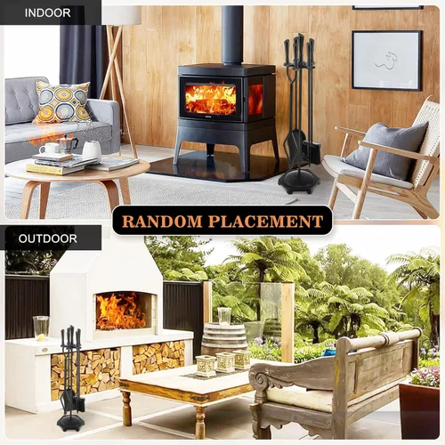 Miniatura 7 de Gtongoko Juego de herramientas para chimenea de hierro forjado, 5 piezas, para interiores y exteriores, con póquer de fuego, pala, cepillo rústico