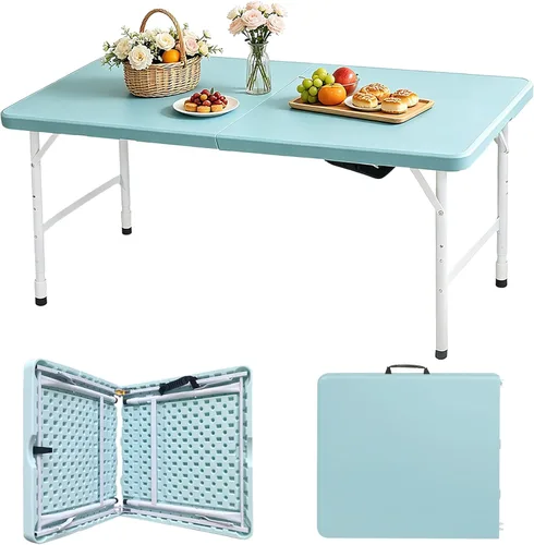 Miniatura 14 de Mesa plegable portátil de plástico de 4 pies/6 pies/8 pies, mesa de picnic y comedor de alta resistencia, color blanco y negro, plegable a la mitad