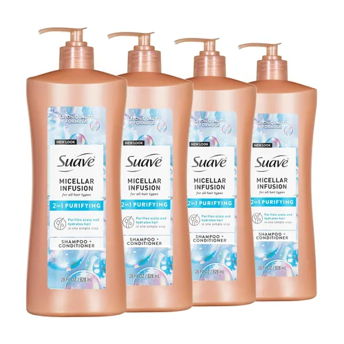 Suave Champú y acondicionador 2 en 1 con infusión micelar, limpieza y acondicionador para todo tipo de cabello, 28 onzas, paquete de 4