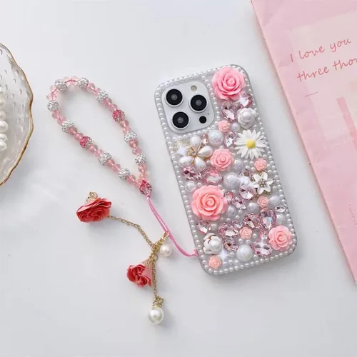 Miniatura 3 de para iPhone Xs/X Funda Bling, Funda de Lujo con Flores de Rincón de Cristal con Purpurina de Diamante y Perla para Mujeres, Niñas y Niños con Cordón