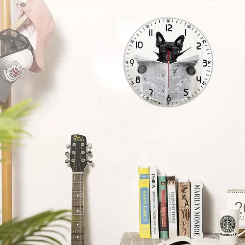 Miniatura 7 de Reloj de pared divertido de perro bulldog francés de 12 pulgadas para tienda de mascotas, batería silenciosa sin tictac, fácil de leer periódico