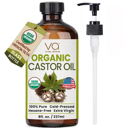 Aceite de ricino orgánico prensado en frío sin refinar de VITAL AFFAIR en botella de vidrio - Aceite de ricino certificado por la USDA para el
