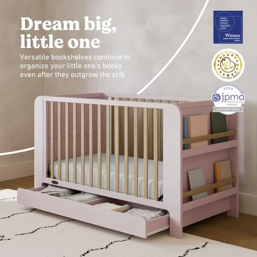 Miniatura 4 de Graco Read-with-Me - Cuna convertible 4 en 1 con cajón (Rosa con madera flotante) - Certificado GREENGUARD Gold. Se convierte en cama infantil, cama