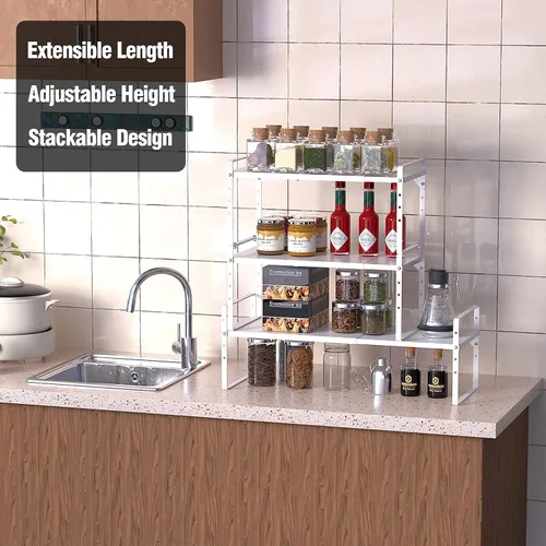 Miniatura 5 de Estante de almacenamiento expandible para armario de cocina, organizador de estantes de almacenamiento de despensa de metal apilables, estante