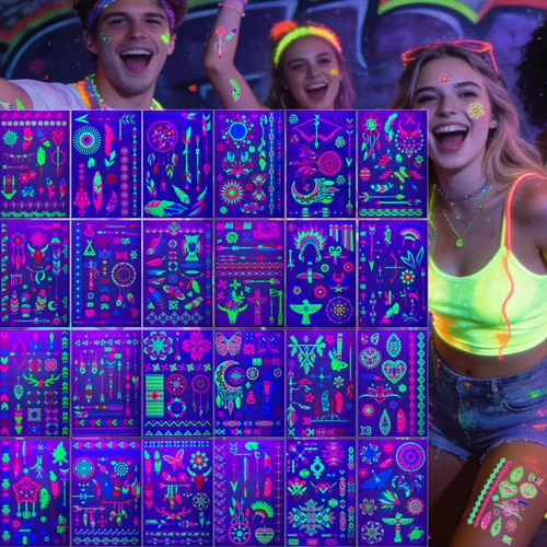 Miniatura 14 de Tatuajes temporales de neón UV, 12 hojas de tatuajes de fiesta que brillan en la oscuridad para adultos y niñas, patrones de doble vibración