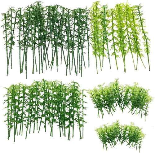 Miniatura 10 de Woohome 120 árboles de bambú modelo, 3 tamaños de árboles de bambú de plástico verde para decoración del hogar, paisaje en miniatura, proyecto de 36