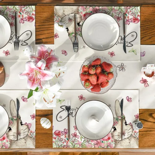 Miniatura 5 de Artoid Mode Juego de 4 manteles individuales de Pascua con diseño de conejo, diseño floral, 12 x 18 pulgadas, para decoración de fiestas, cocina