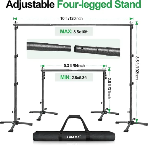 Miniatura 4 de Kit portátil de soporte para telón de fondo Emart con base plana cruzada plegable, altura ajustable de 2,6 m, ancho de 3 m, tubo y marco colgante