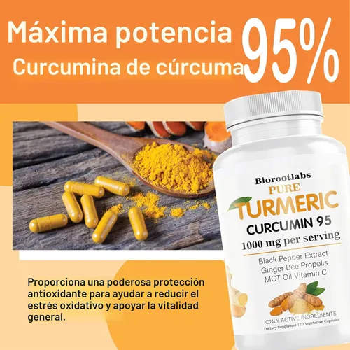 Miniatura 3 de Biorootlabs Curcumina de cúrcuma Suplemento de curcumina de cúrcuma pura de 1000 mg 95% curcuminoides con propóleo de abeja, jengibre, aceite